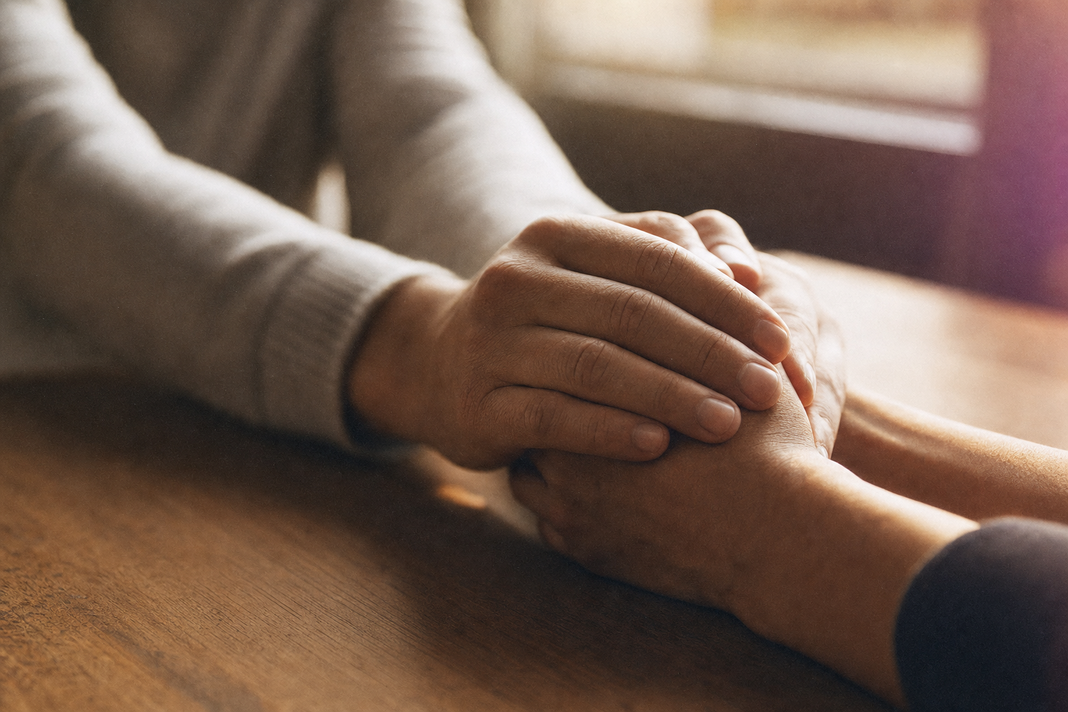 A caregiver and client sharing a quiet moment at a sunlit table